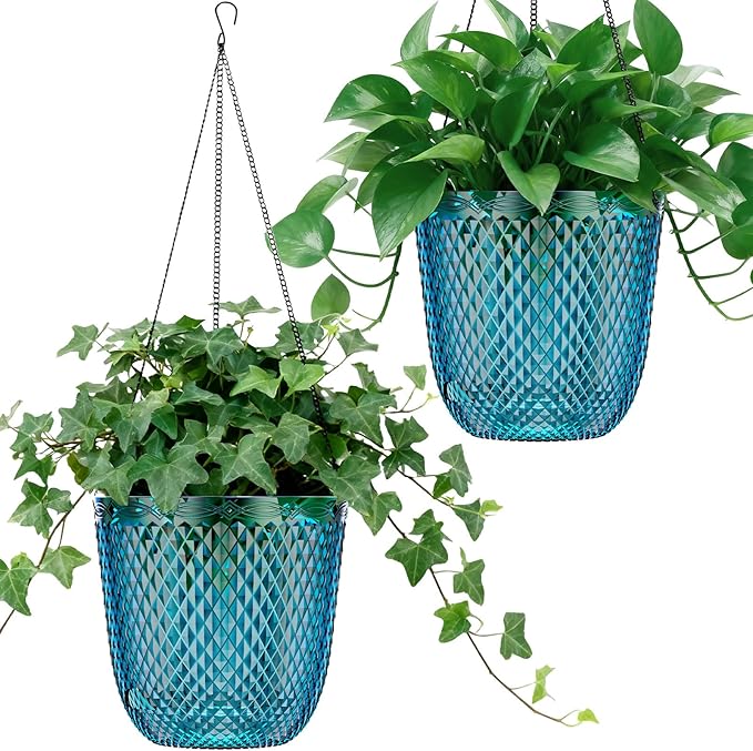 QCQHDU Self Watering Hanging Pots, 2 Pack 7.2 Inch Hanging Planters for Indoor Plants, Plant Hanger with Drainage Holes and 3 Hooks Chains for Garden Home (Klein Blue)
