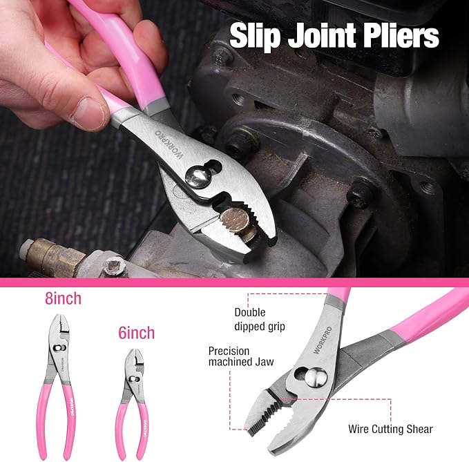 WORKPRO 7-piece Pliers Set with Groove Joint, Long Nose, Slip Joint, Linesman, and Diagonal Pliers for DIY & Home Use - Pink Ribbon