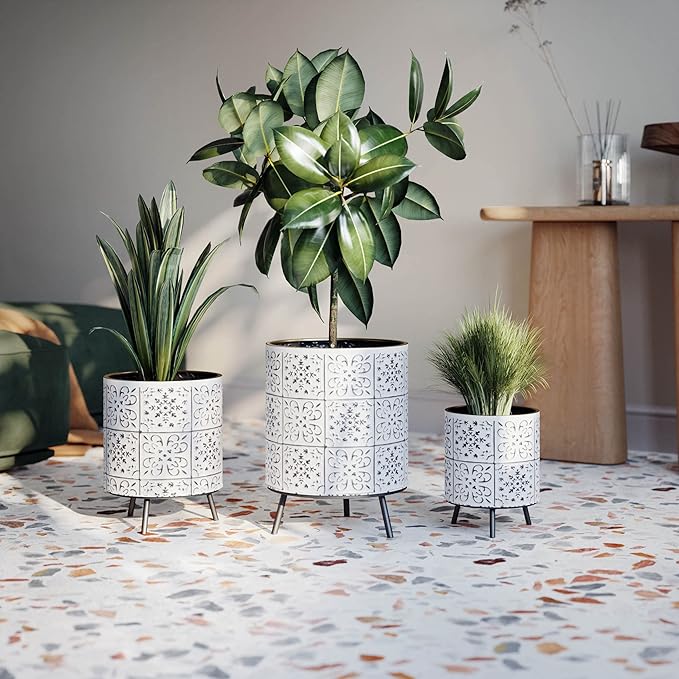 EverNest Tristan Neutral Minimal White and Black Modern Style Planter with Nyra Stand, SelectBase Plant Pots, Indoor Planter, Boho Home Decor, Minimalist Pot for Plants (Set of 3, Black)
