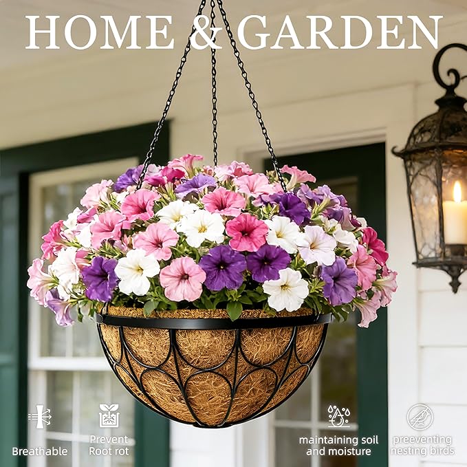 4 Pack 12 Inch Hanging Planters for Outdoor Plants，Large Wire Flower Hanging Basket with Coco Liners for Balconies, Patios, Porch, Terraces Decor