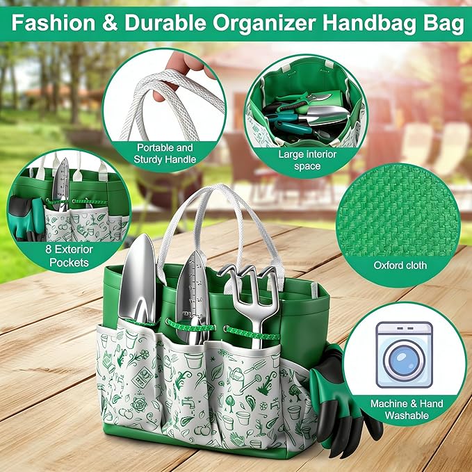 Garden Tool Set, 12-Piece Complete Stainless Steel Gardening Essentials, Heavy Duty Garden Tools with Large Storage Tote, Gardening Gifts for Women, Men, Mom & Dad Beginners Gardeners, Green