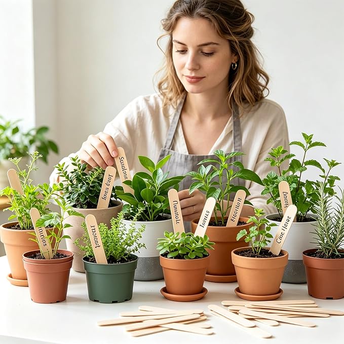 Whaline 200Pcs Wooden Plant Labels Waterproof Round Head Plant Sign Tags Birch Wood Garden Markers for Seed Potted Herbs Flowers Vegetables with 2 Gel Pen, 0.7 x 5.9 Inch