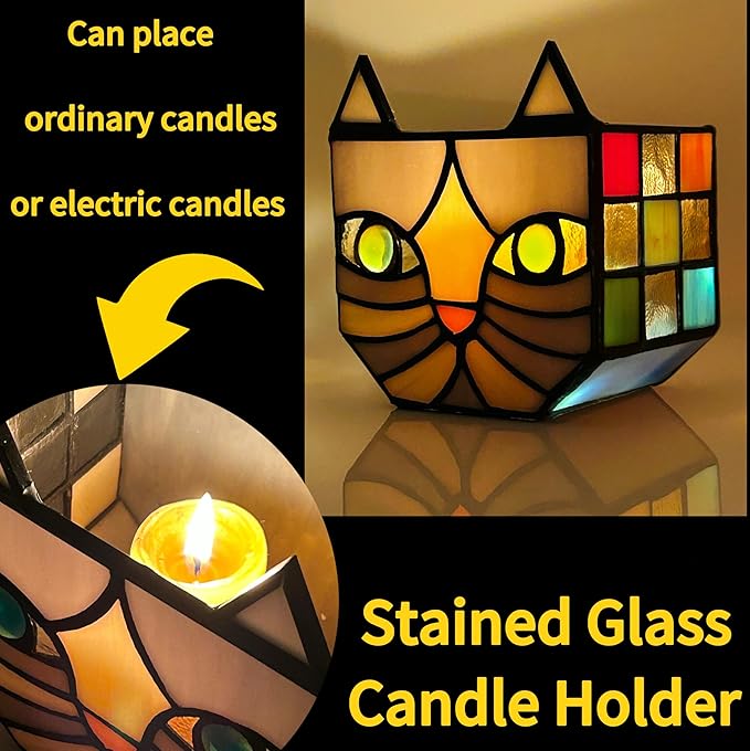 Unique Stained Glass Gray Cat Planter, Plant Pots Indoor,Indoor Flower Pots with Drainage,Window Sill Cat Decoration Gift,4.6x5.15x3IN