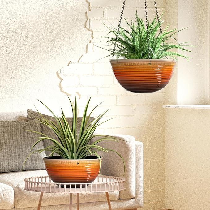 Vanslogreen 2 Pack Hanging Planters for Indoor Outdoor Plants, 10 Inch Hanging Planter with Drainage Hole & Plug Glazed Hanging Baskets Flower Pots for Garden Home, Orange