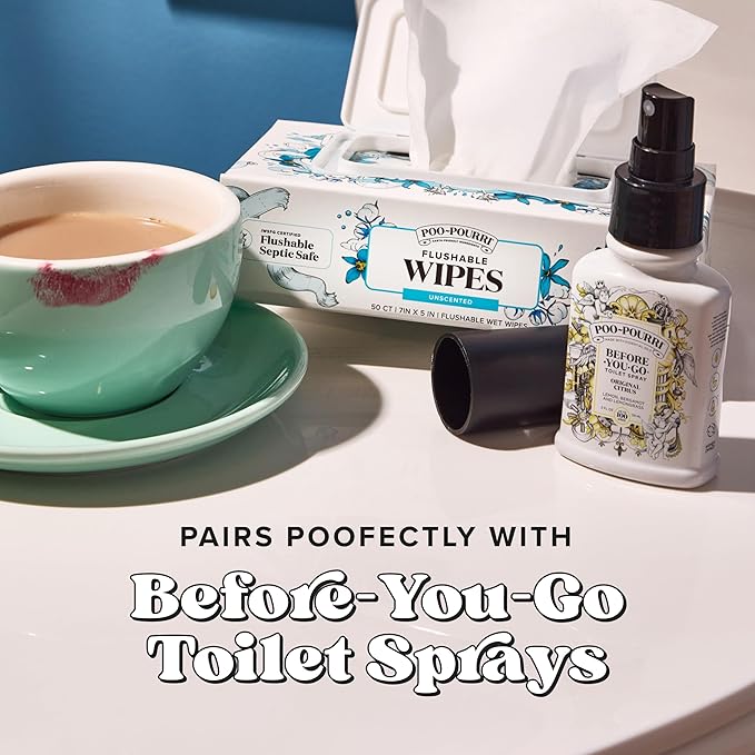Poo~Pourri Unscented Flushable Wipes - Made with Plant Based Fibers, Aloe, Vitamin E, Chamomile, and Oat Extract - Adult Wet Wipes - 150 count - Septic & Sewer Safe - Fragrance Free Packaging May Vary