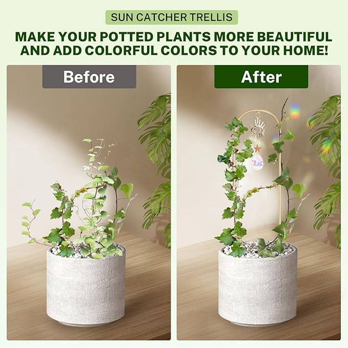WellSign Small Trellis for Potted Plants Indoor with Colorful Crystal Sun Catcher, 14.17 Inch Metal Plant Lattice for Mini Potted Plant Decoration for Home Window Garden 4 Pack