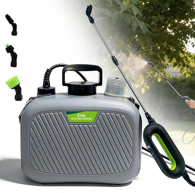 2 Gallon Battery Powered Sprayer, Covers 4,500 Sq Ft per Tank – Electric Sprayer with 3 Interchangeable Nozzles, Handle with Digital Battery Display, for Lawn, Garden & Outdoor Cleaning – Gray
