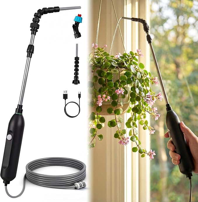 High Reach Electric Water Sprayer Wand for Hanging Plants, Telescoping Indoor Plant Waterer with Pump, 180° Adjustable Watering Nozzle, Fan Spray Head, High Flow Leak-Proof Design