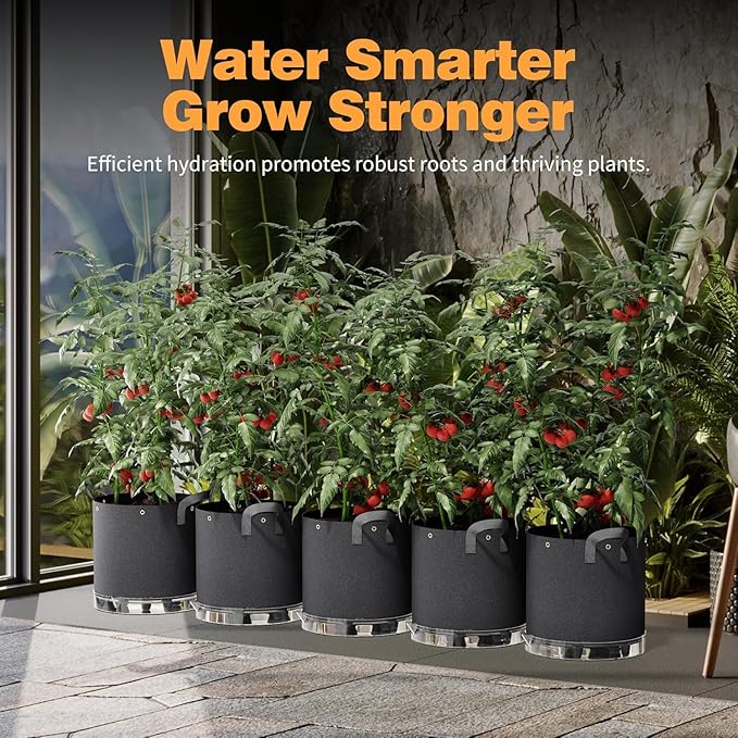 Patigrow Self-Watering Grow Bags, 5-Pack 10 Gallon 420G Thick Nonwoven Fabric Pots with Reinforced Handles and Multi-Purpose Rings, for Low Stress Plant Training Fruits, Vegetables,and Flowers