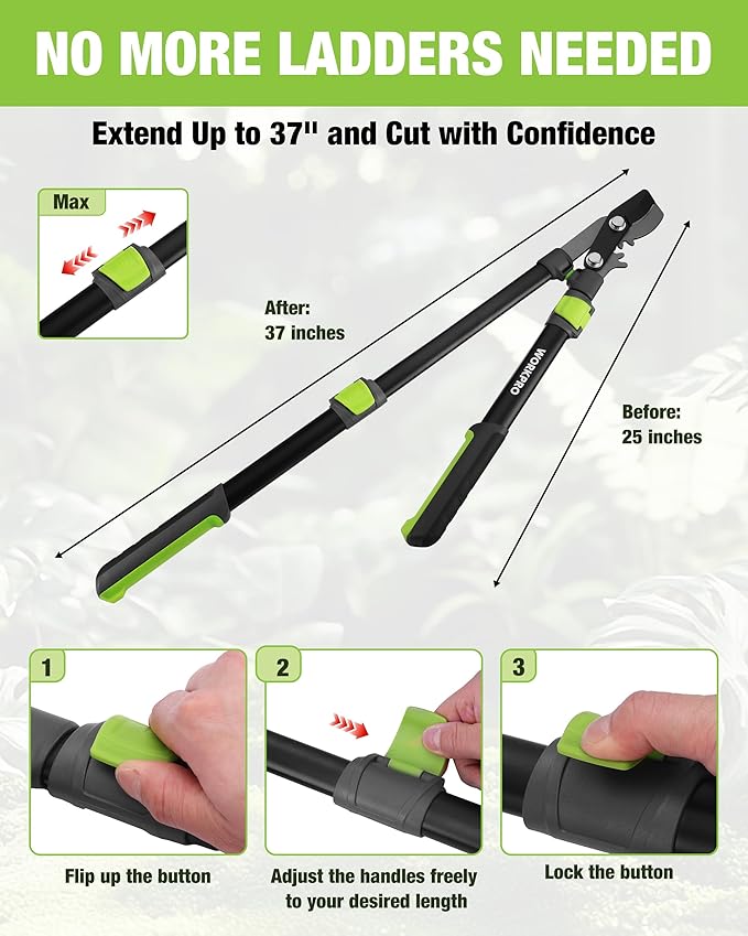 WORKPRO Extendable Bypass Lopper for Gardening, 25-37" Branch Cutter with 1.5" Cutting Capacity, Heavy Duty Pruning Shear Featuring Gear System for Tree Trimming, Tree Cutter Handheld with SK5 Blade