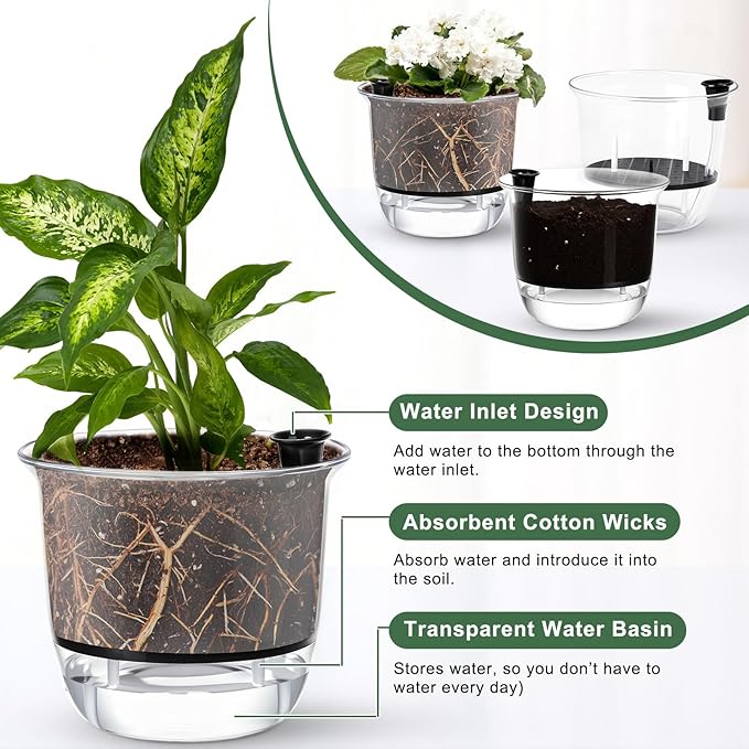 6 Pcs Clear Self Watering Pots for Indoor Outdoor Plants Flowers, 4 Inch Self Watering Planters with Reservoir, Drainage Hole and Absorbent Cotton Rope