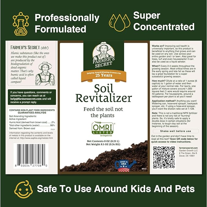 Farmer’s Secret Soil Revitalizer (8oz) - Organic (OMRI Listed) Dirt Health Booster - Liquid Compost Soil Amendment - Activated Humic Acid - Great for Fall/Spring Application