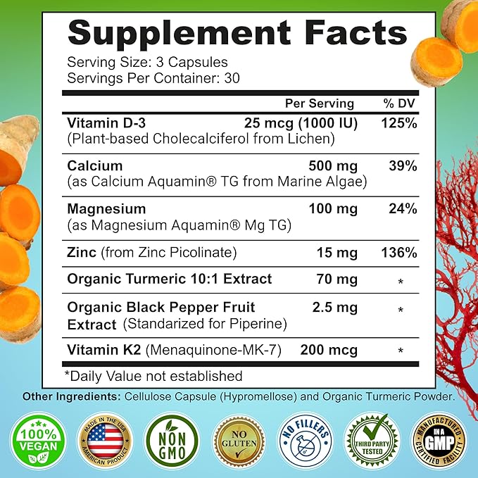 Plant-Based Calcium 500mg (Aquamin) – Vegan Calcium Magnesium Zinc D3 with Vitamin K2 & Organic Turmeric – Enhanced Bone and Muscle Health & Strength, Immune Support for Women & Men - 90 Count