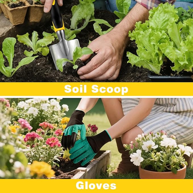 FrutPunch Garden Tools, Ergonomic Gardening Tools, Gardening Hand Tools Aluminum Alloy Material, 7-piece an Ideal Gardening Gift for Women, Men and Parents, Yellow