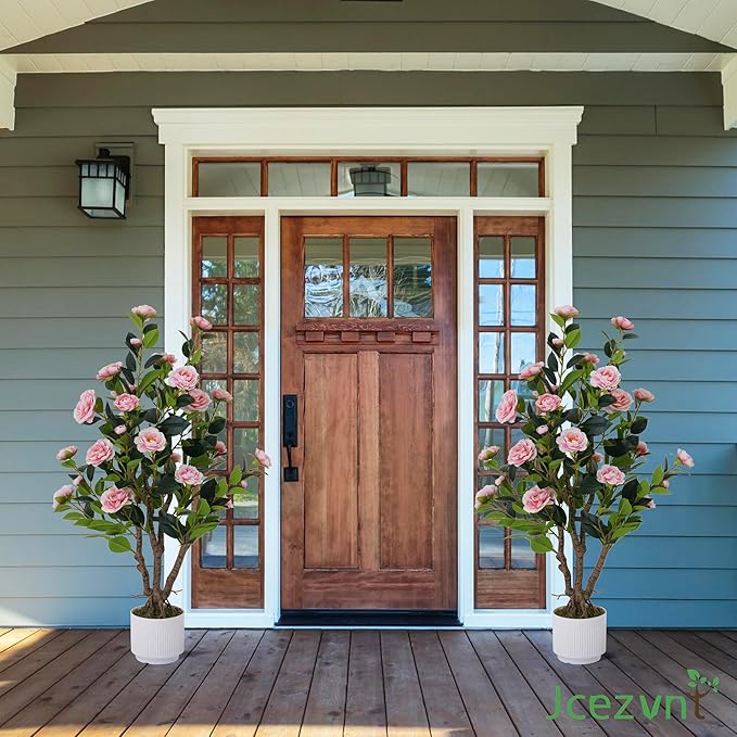 2 Pack Artificial Camellia Tree with White Pot, 38" Faux Potted Plants for Indoor Outdoor Decor, Tall Silk Greenery Plant for Home Offce Living Room Balcony, Pink
