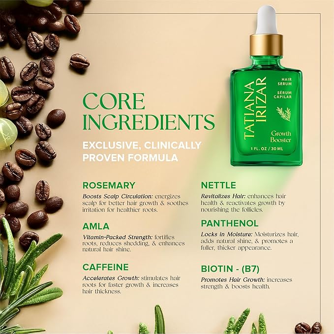 Caffeine Hair Growth Serum Women Made in USA - Scalp Serum Hair Growth Non-Greasy Biotin Rosemary, Amla & Caffeine - 1 Fl.Oz Natural Residue-Free - Gotero Anticaida y Crecimiento - Regrowth Treatment