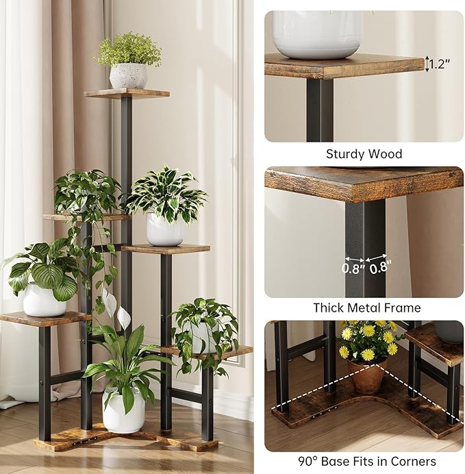 Yzosvki Corner Plant Stand Indoor, 6 Tiered Corner Plant Shelf Flower Stand for Multiple Plants, Plant Shelves Organizer Rack for Living Room, Balcony, Patio, Garden, Square Rustic Brown