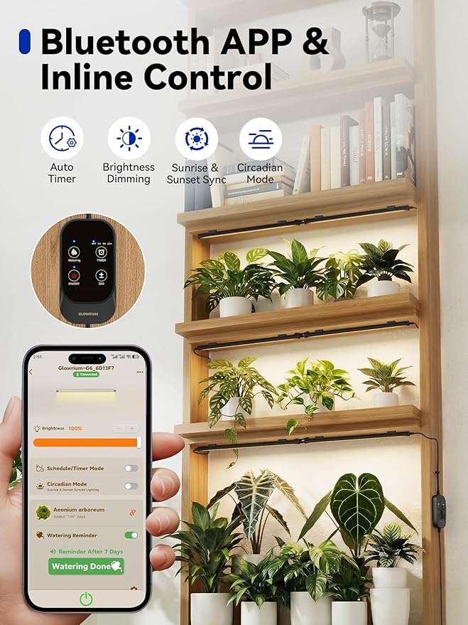 GLOWRIUM Smart Grow Lights for Indoor Plants with APP, 15" Full Spectrum Grow Light Strips, G6 Plant Light Strip with auto Timer, 3 Angle dimming Levels for Plant Shelf, 4-Pack (Black, 32W)