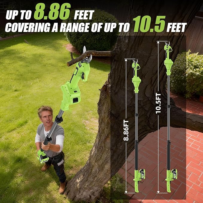 2-in-1 Electric Pruning Shears with 4.9-8.9ft Telescopic Pole, 2x 4.0Ah Batteries, Extra SK5 Blade, Battery Powered Pole Pruner Tree Branch Cutter for Garden, Yard, Fruit Tree Trimming