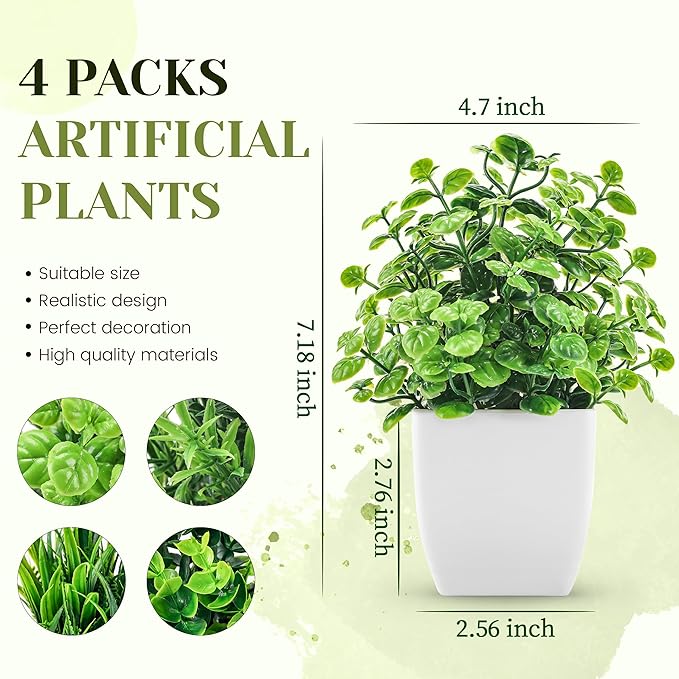 4 Pack Fake Plants Small Artificial Greenery Faux Plants Indoor for Home Farmhouse Bathroom Shelf Decor
