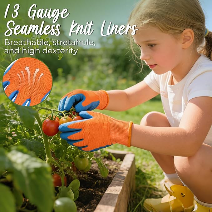 HANDLANDY 3 Pairs Kids Gardening Gloves, Micro-Foam Coated Children Toddler Garden Yard Work Gloves for Little Girls Boys (Size S, Blue Orange)