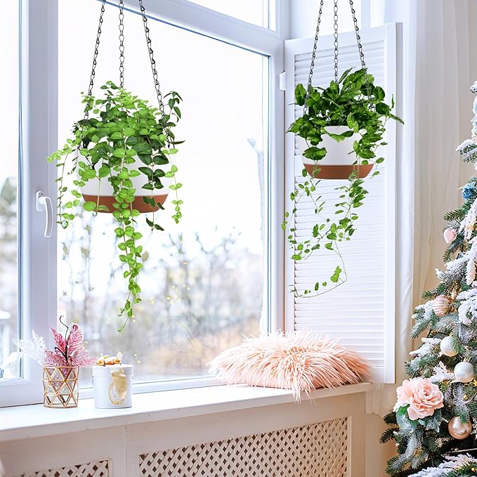 Set of 2 Hanging Planters for Indoor Outdoor Plants, 8 Inch Self-Watering Hanging Flower Pots with Drainage Hole & Removable Water-Storage Tray (Hooks)