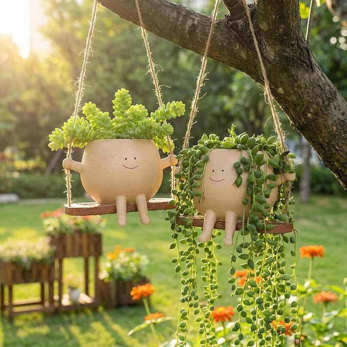 TEARS OF GAIA Hanging Planters for Indoor Plants, Smiley Face Planter Pot Cute Resin Flower Head Planters with Drainage, for Mom, Funny Succulent Plant Lover Gift for Plant Lovers (Big Swing)