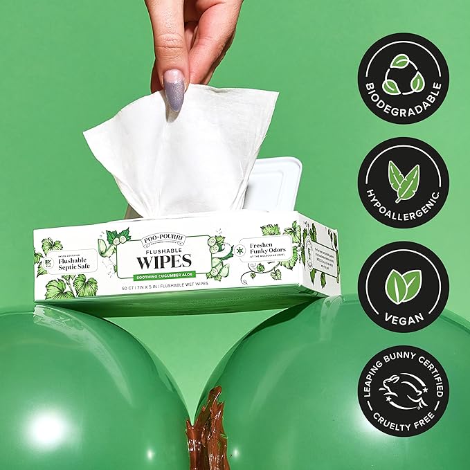 Poo~Pourri Flushable Wipes - Made with Plant Based Fibers, Aloe, & Vitamin E - Adult Wet Wipes - Cucumber & Aloe Essential Oils scent - Septic & Sewer Safe - 3-pack (150 total) with Dispenser Boxes