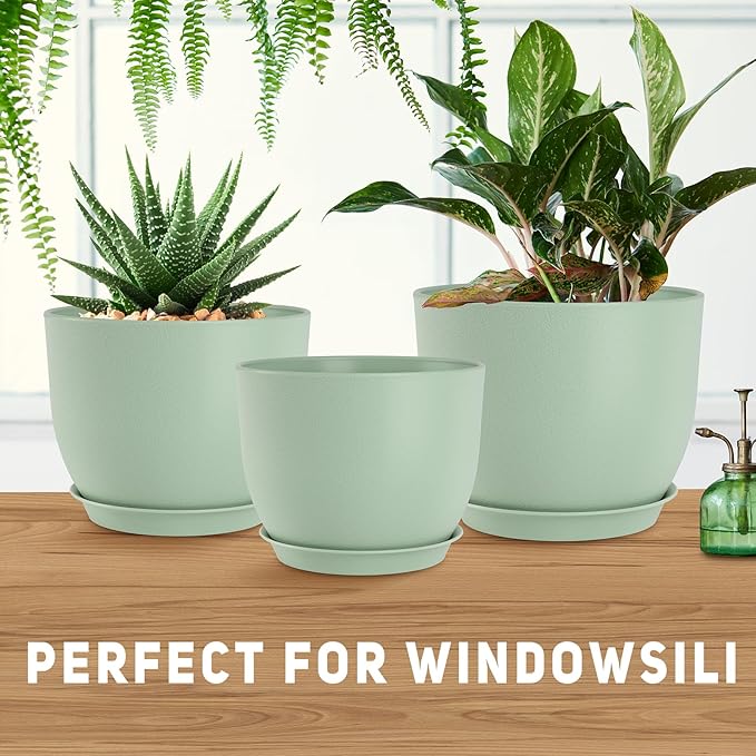 YNNICO Plant Pots 10/9/8/7.5/7 inch Flower Pots with Multi Mesh Drainage Holes, Planters for Indoor Outdoor Garden Plants and Flowers. (Green)