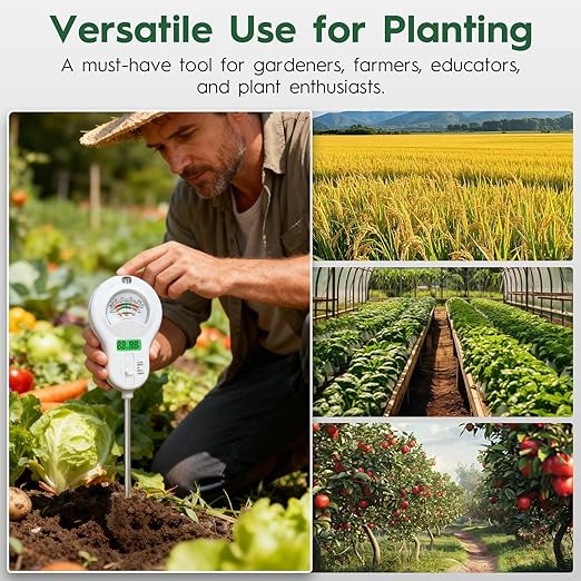 6-in-one Soil Test Kit-Soil Moisture Meter/PH Meter/Fertility/Sunlight Intensity Soil Tester, LCD Air Hygrometer&Temperature Moisture Meter for Plants-Garden, Lawn,Farm,2 Pack Detachable Probe