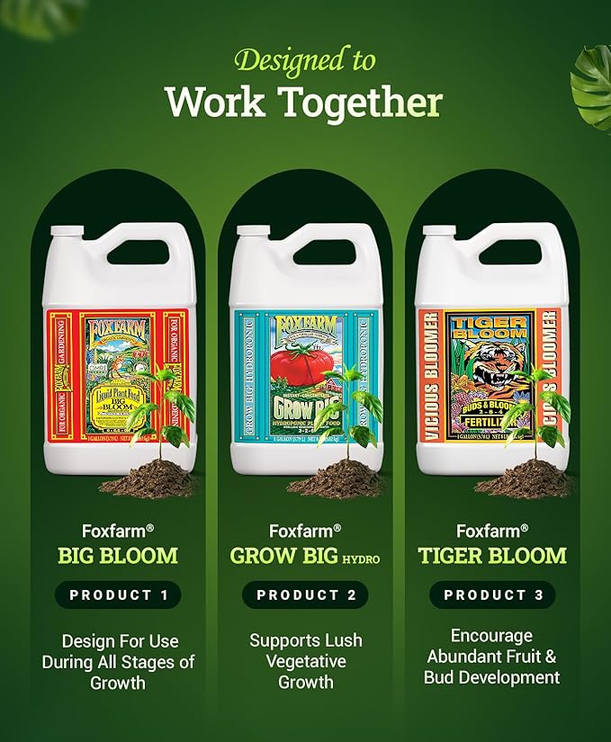 FoxFarm Hydro Liquid Trio Pack - Big Bloom, Grow Big Hydroponic, Tiger Bloom Fertilizers for Plant Growth, Bud Development & Abundant Fruit - Complete Hydroponic Plant Food Set - 3 Gallon Bottles