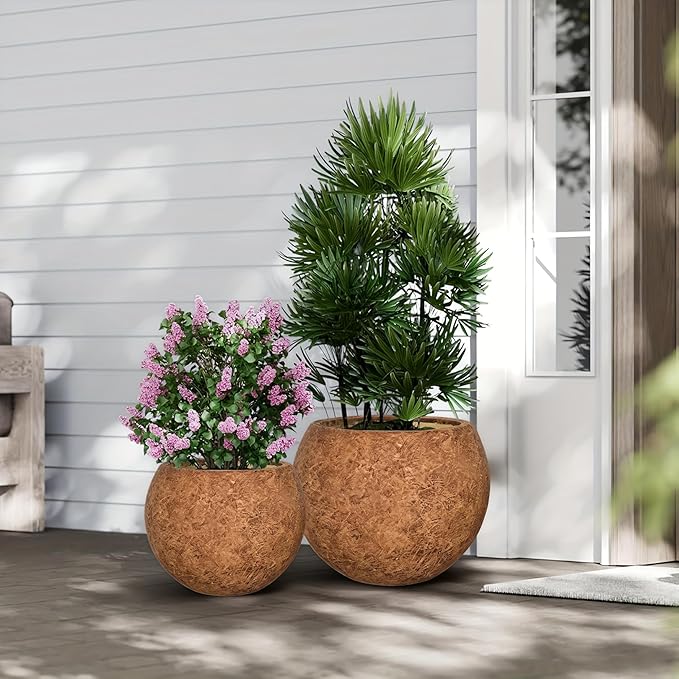 Panlaolao 10 H x 14" Dia (10" Pot Opening) Round Fiberstone Planter with Drainage Hole, White, Indoor/Outdoor Large Plant Pot for Home Patio Garden, Ideal for Large Plants-Camel