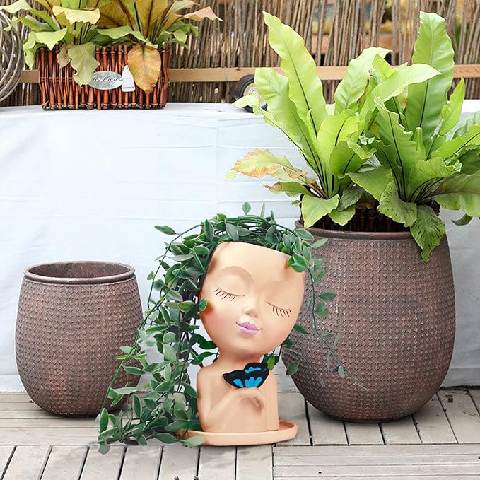 WEWEOW Face Planters for Outdoor Plants, Resin Succulent Pots with Drainage Hole Cute Lady Face Flower Pots
