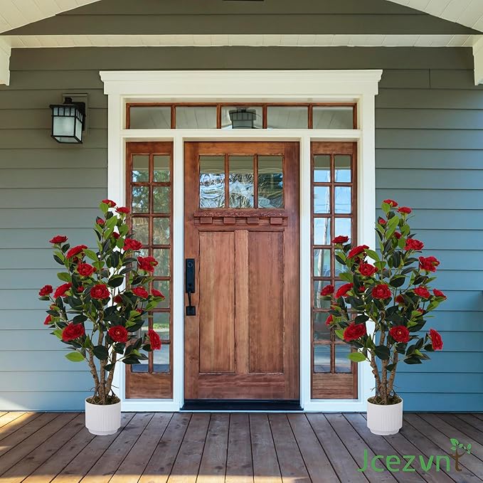 2 Pack Artificial Camellia Tree with White Pot, 38" Faux Potted Plants for Indoor Outdoor Decor, Tall Silk Greenery Plant for Home Offce Living Room Balcony,White, Red