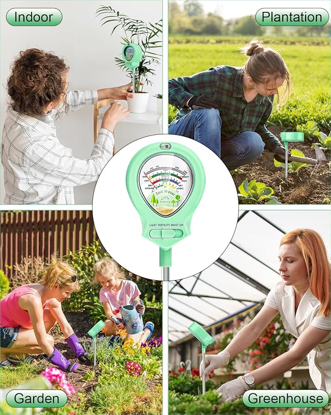 2024 Upgraded Soil Moisture Meter for Plants, Soil pH Meter, 4-in-1 Soil Tester for Light/Moisture/pH/Fertility, Plant Water Meter for Garden, Lawn, Greenhouse, Indoor & Outdoor