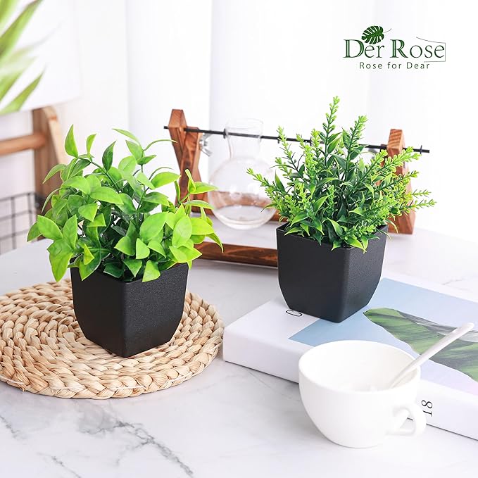 Der Rose 2 Pack Fake Plants Small Faux Artificial Small Potted Plants Indoor Black Bathroom Accessories for Home Office Farmhouse Bathroom Decor