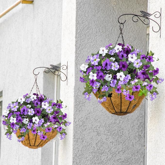 Alotiki Artificial Fake Flowers for Outdoor Plants Decoration,2 Pcs Faux Petunias Flowers Plants UV Resistant Silk for Porch Yard Garden Home Indoor Decor(Purple White)