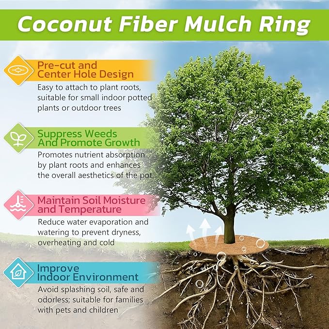 Legigo 6pcs Coconut Fiber Mulch Ring Tree Plant Protector Mat, 18 Inch Natural Coco Coir Tree Mulch Ring Plant Pot Soil Cover, Tree Rings Disc Plant Cover for Indoor Outdoor Plants, Landscaping