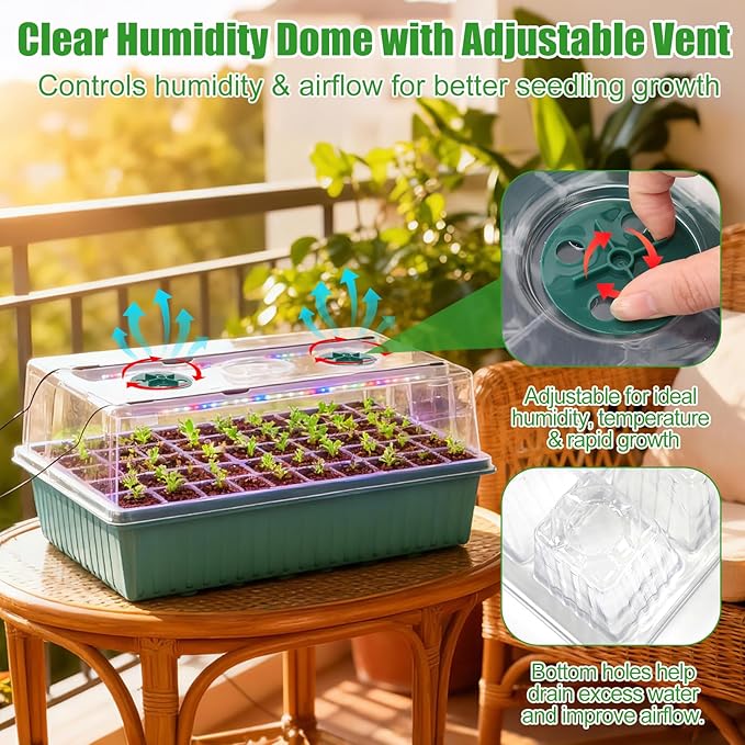 PJT Self Watering Seed Starter Tray with Grow Light & Heat Mat, 60-Cell Seed Starting Kit with 4.3” Humidity Dome for Seed Germination, Complete All-in-One Kit for Easy Seed Starting