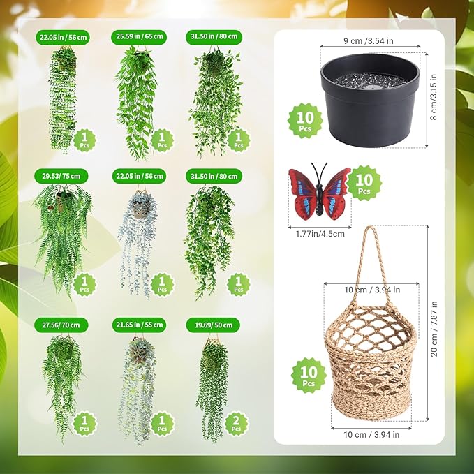 Giegxin 10 Set Fake Hanging Plant with Macrame Basket Summer Mini Artificial Macrame Plant Hanger with Woven Basket and Butterfly Ivy Faux Vines Eucalyptus Leaf for Indoor Home Wall Shelf Decor