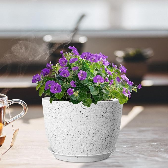 Meowell Plant Pots 12 inch, Plastic Planters with Drainage Holes and Saucers, Large Flower Pots for Indoor Outdoor Plants, Modern Decorative Pots for Garden House Plants, Speckled White
