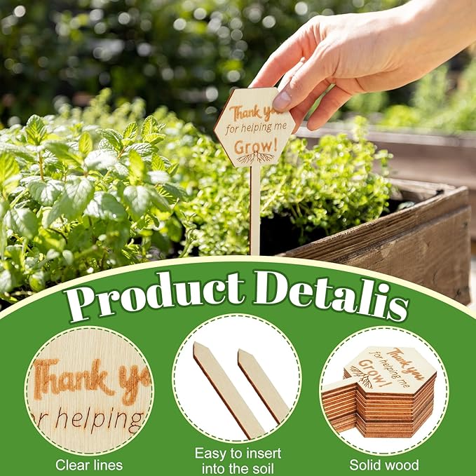 Sieral 50 Pcs Wooden Teacher Appreciation Plant Tags Sign, Thank You for Helping Me Grow, Hexagon Plant Tags, Grow Succulent Gift Card Graduation Gifts Stakes Labels Garden for Baby Shower