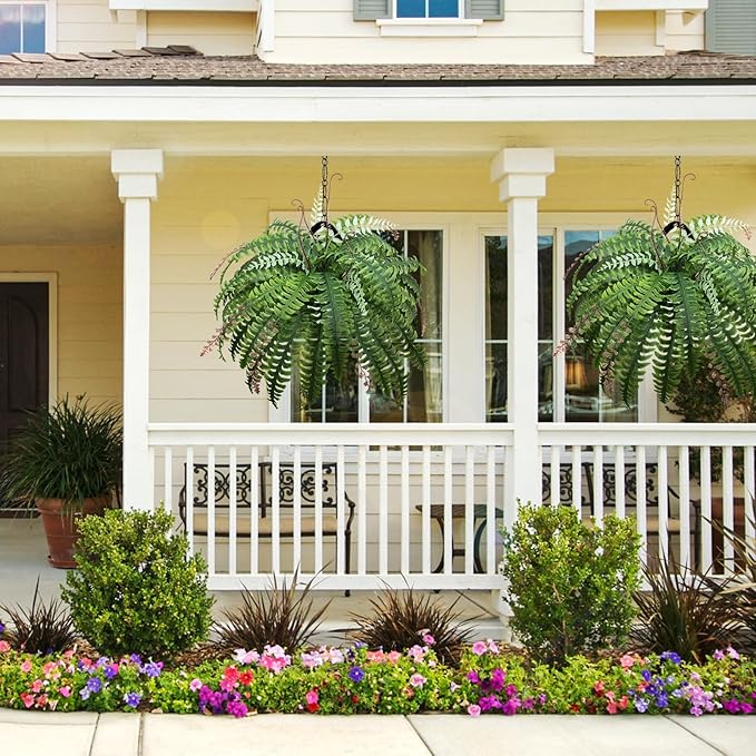 37 Inch Artificial Boston Fern Large Hanging Plant, Set of 4, Fake Ferns that Look Real for Home and Office Decor, Faux Fern Vines with 36 Fronds for Each Bouquet（No Basket）