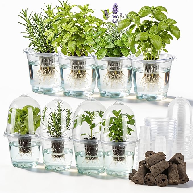 Hydroponic Pods Kit Includes Clear Nursery Pots with Humidity Domes and Grow Baskets & Sponges - Seed Pods for Hydroponic Garden Indoor Herbs Seedling Plants, Reusable Hydroponics Supplies (16 PCS)