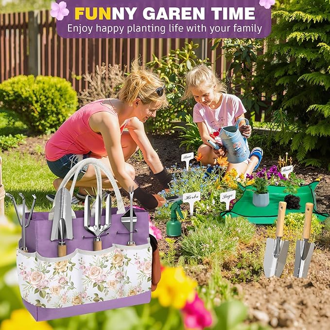 22Pcs Gardening Tools Set for Women Heavy Duty Garden Hand Tool Kit for Mom Beginner Gardening Accessories with Large Tote Bag/Shovel/Repotting Mat/Plant Labels/Gloves-Purple