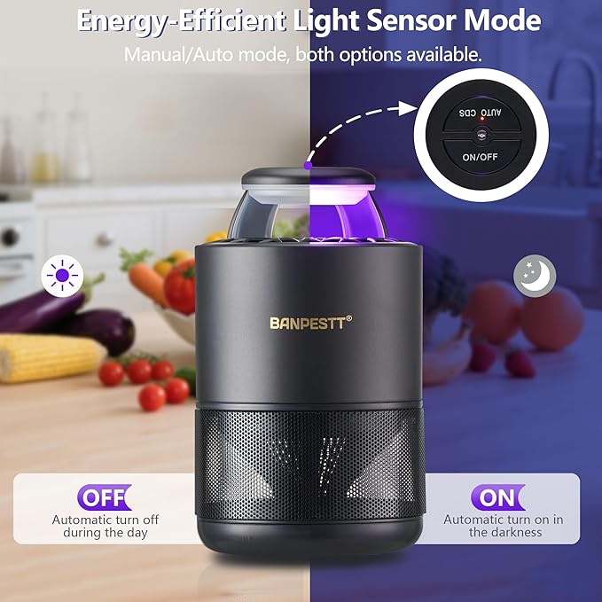BANPESTT Automatic Insect Trap: Dusk-to-Dawn Sensor & Powerful Suction Quiet, Non-Zapper for Fruit Flies, Gnats, Mosquitoes | Includes 6 Glue Boards & UV Light (Black)