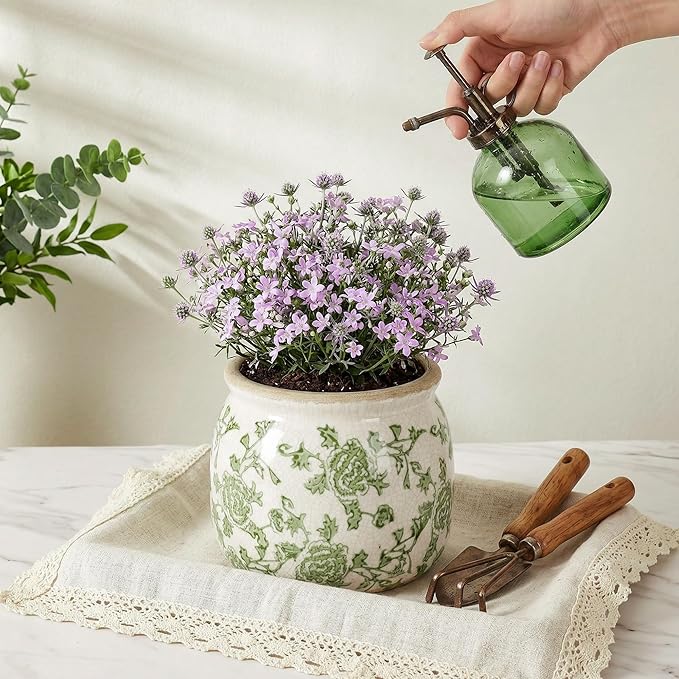 DREAMLOOM Vintage Ceramic Planter for Indoor Plants,6.1" Ice Crack Cottage Scroll Vase Tuscan Decor Flower Pots with Drainage Holes Home Kitchen Farmhouse Antique Decorative Gift (Green-Round)