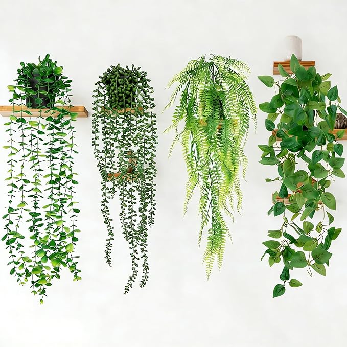 LumBelle 4 Pack Artificial Plants Wall Hanging Fake Plants Indoor for Shelf Boho Faux Eucalyptus Ivy Vine House Plants for Living Room Wall Backdrop Outdoor Decor