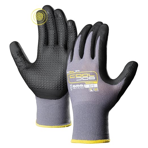 COOLJOB 36 Pairs Nitrile Rubber Dipped Safety Work Gloves with Grip Dots, Seamless Knit Nylon Gloves with 2 Fingers Touchscreen, Non-slip Coated for Warehouse, Home Improvement, Yard, Grey Small