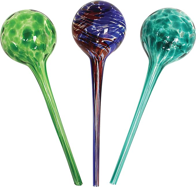 Plant Watering Globe Set, Set of 3, Indoor & Outdoor, Colorful Multicolored Hand-Blown Glass for Everyday Use